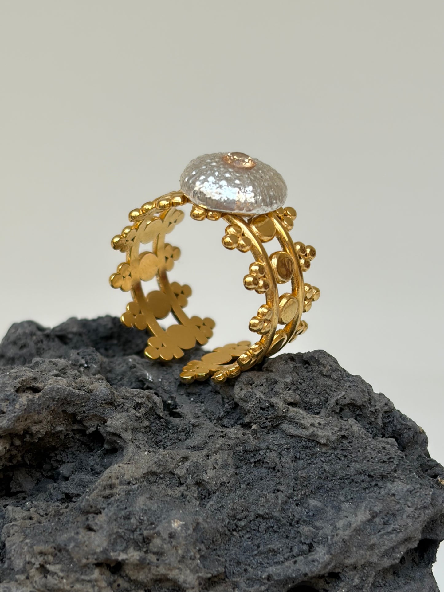Bague Queen of the sea - acier inoxydable  et argent massif oursin - exclusif Kaküka ajustable