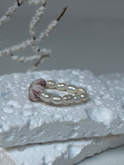 Bague Oursin rosé - oursin véritable et perle eau douce - exclusif chez Kaküka Jewelry ©️