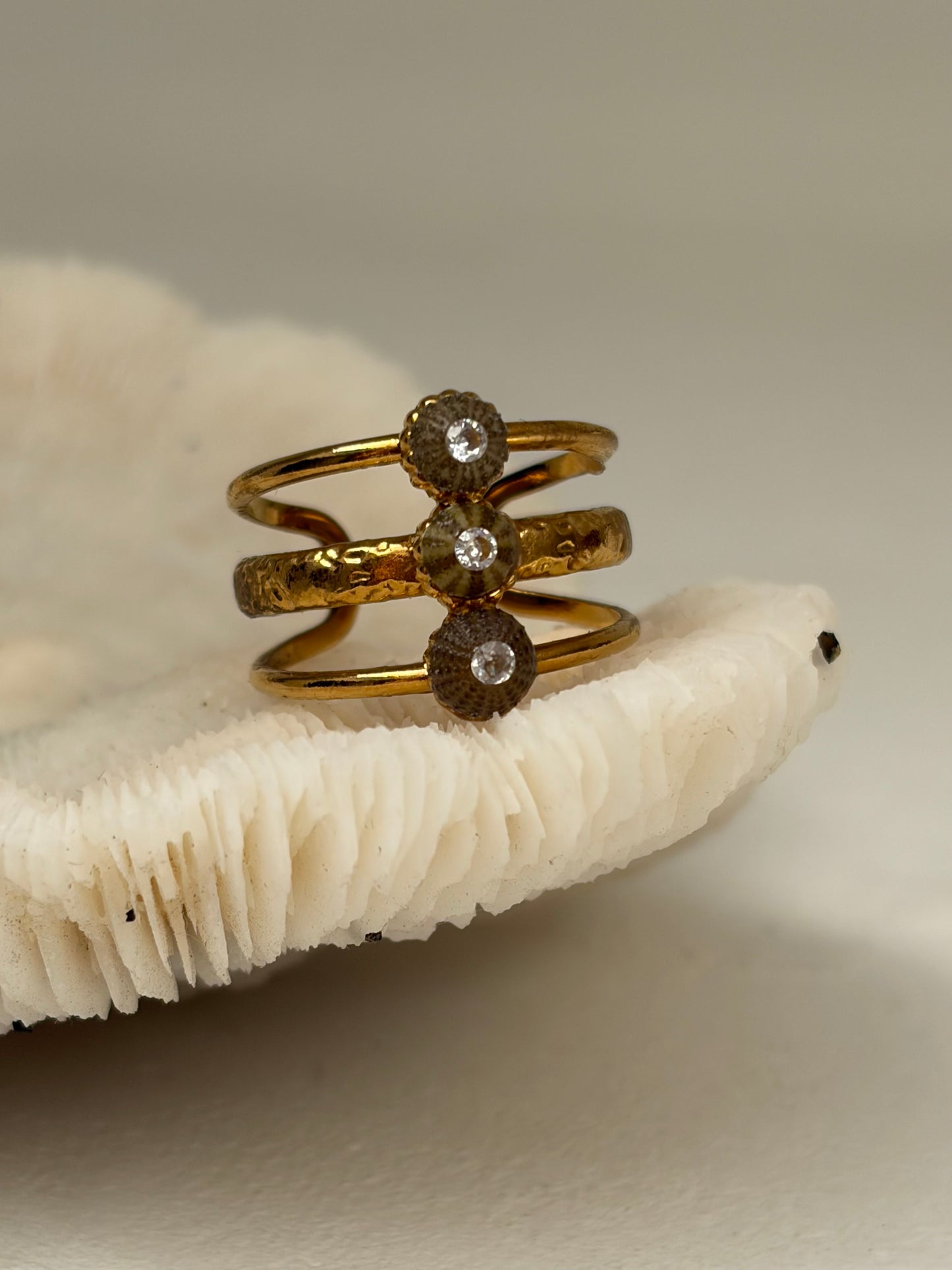 Bague Stay you- bague, trois rang, acier, inoxydable et véritable petit oursin verts