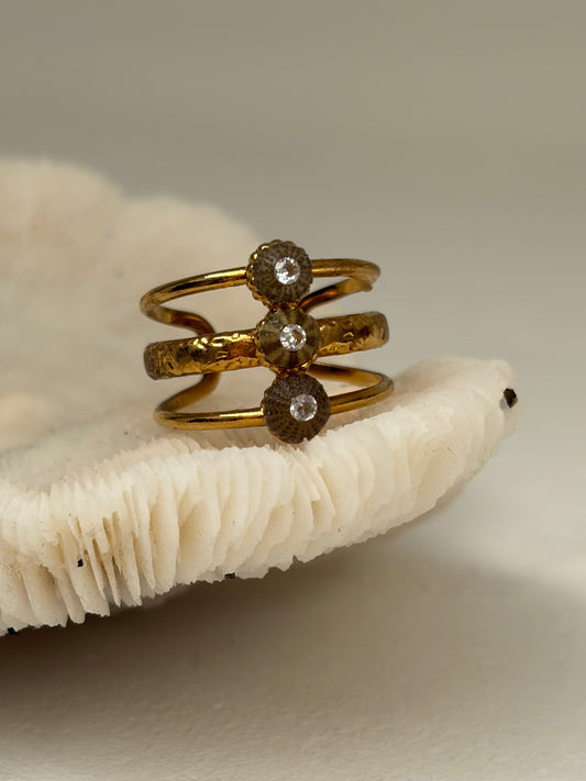 Bague Stay you- bague, trois rang, acier, inoxydable et véritable petit oursin verts